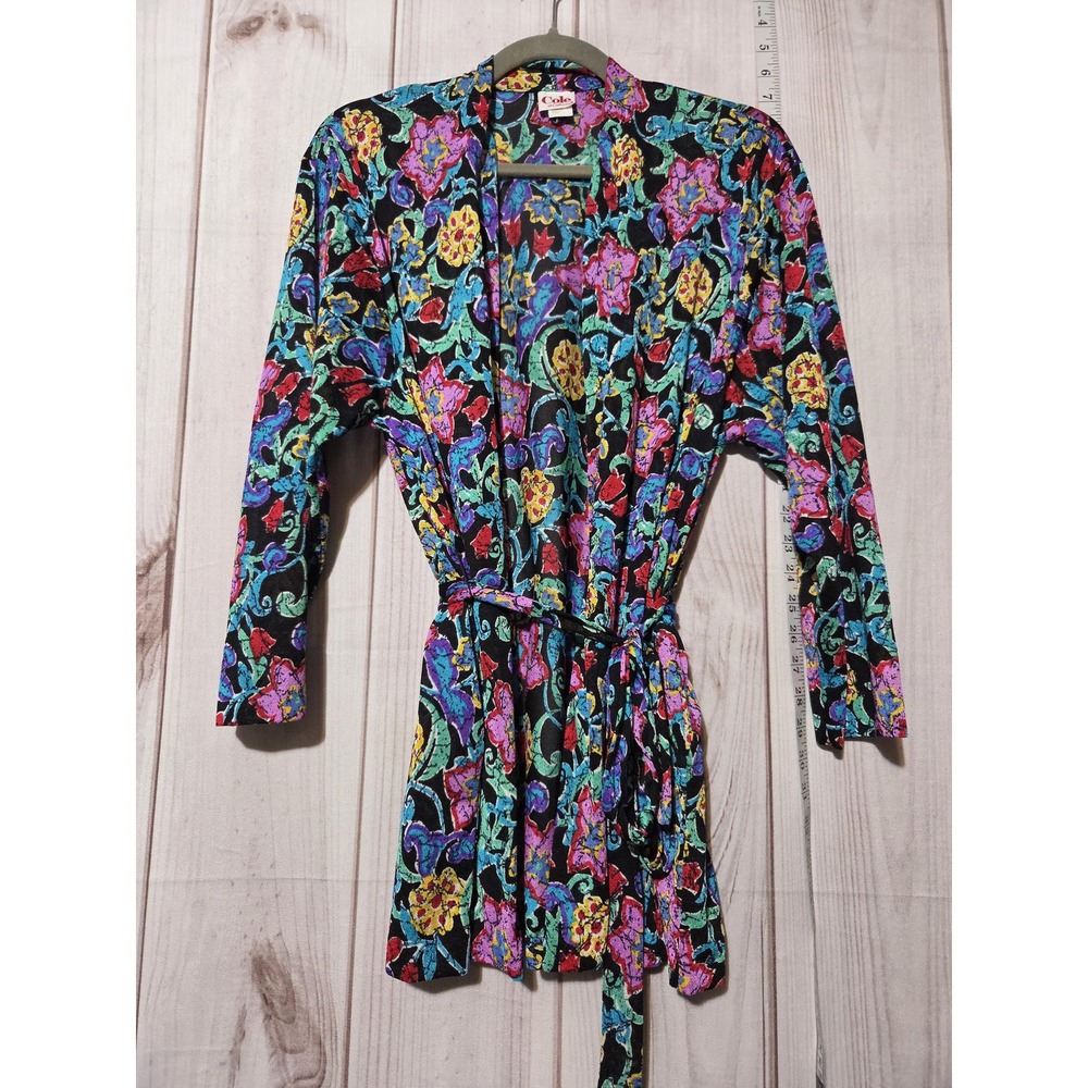Vintage Cole Of California Kimono Robe Womens Small Black‎ Floral Made USA 80s
